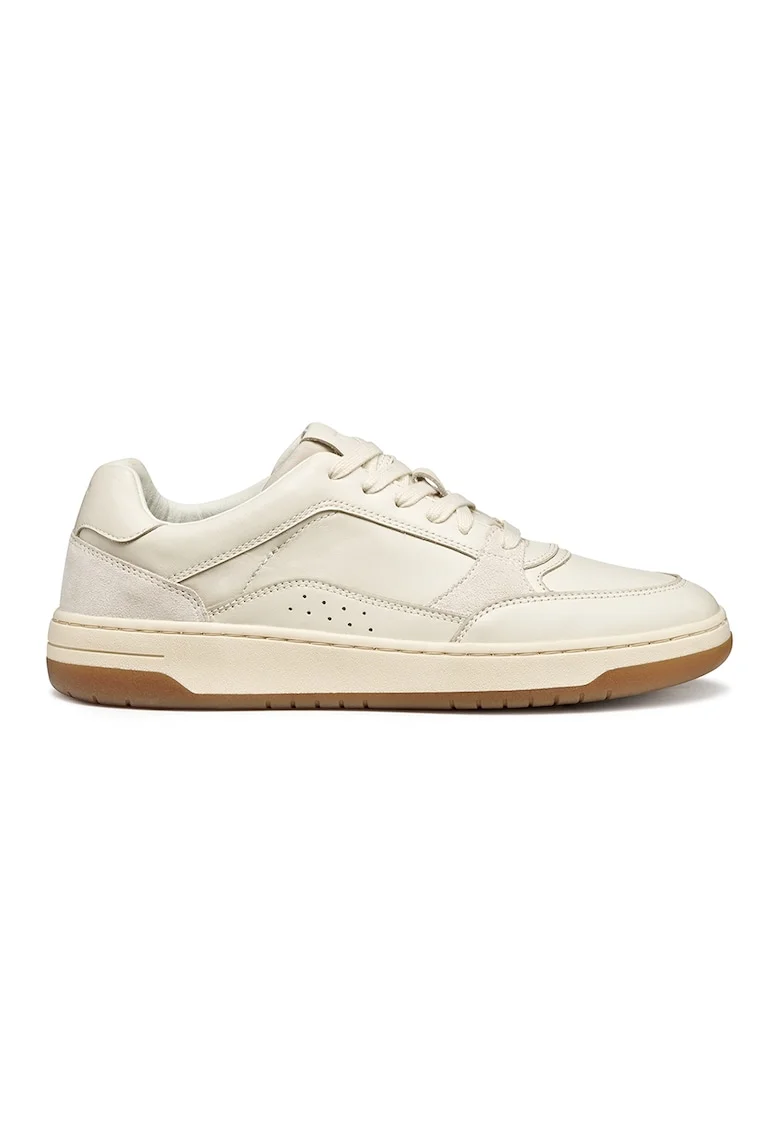 Pantofi sport de piele si piele intoarsa cu talpa plata si insertii textile, Alb fildes