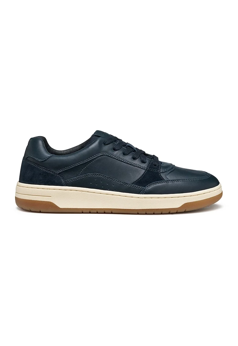 Pantofi sport de piele si piele intoarsa cu talpa plata si insertii textile, Albastru petrol