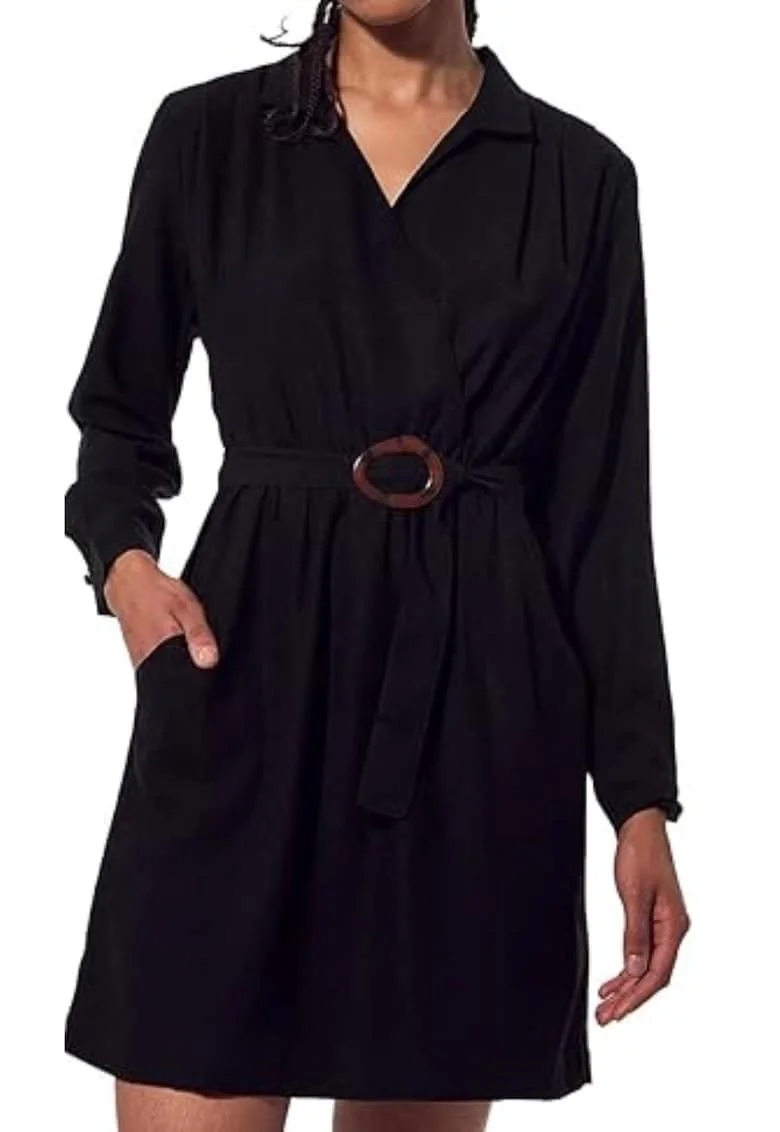 Rochie  neagra, cu volane si curea, din poliester, pentru femei,