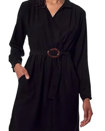 Rochie  neagra, cu volane si curea, din poliester, pentru femei,