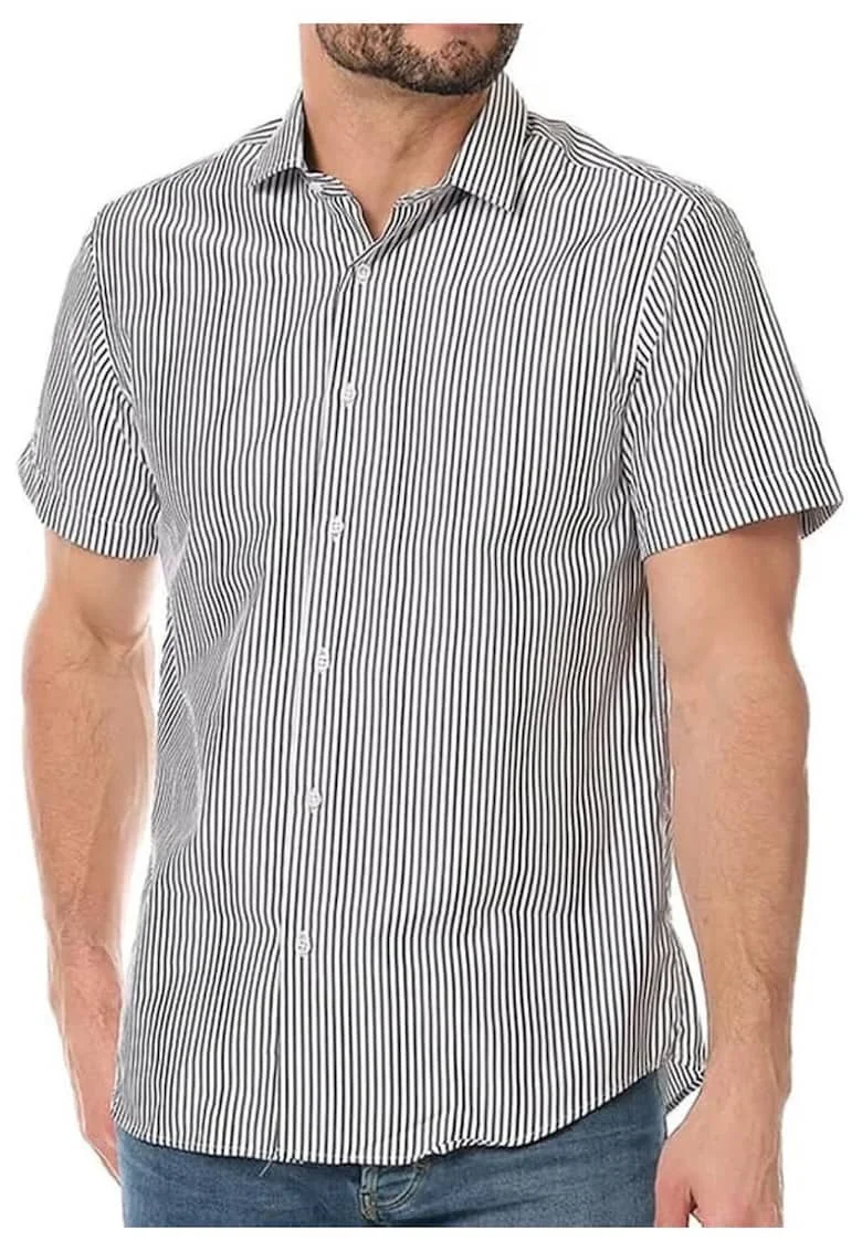 Camasa barbati  dungi, alb negru, bumbac/poliester, croiala slim fit