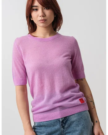 Tricou din amestec de lyocell si lana cu mansete striate, Roz fandango