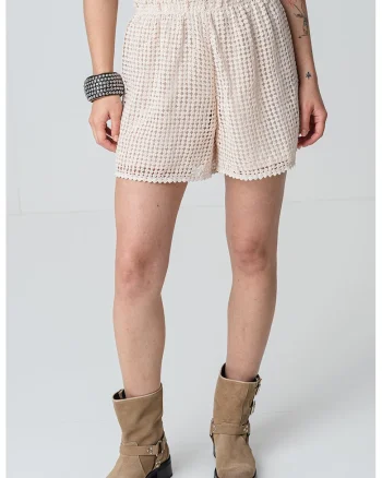 Pantaloni scurti crosetati cu talie medie, Bej deschis
