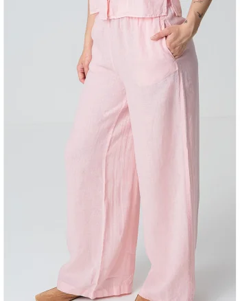 Pantaloni de in cu croiala ampla si talie elastica, Roz deschis