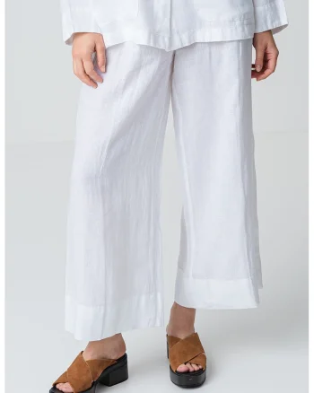 Pantaloni de in cu croiala ampla si pliuri frontale, Alb