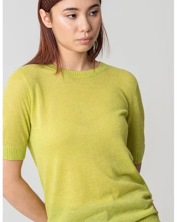 Tricou din amestec de lyocell si lana cu mansete striate, Verde lime