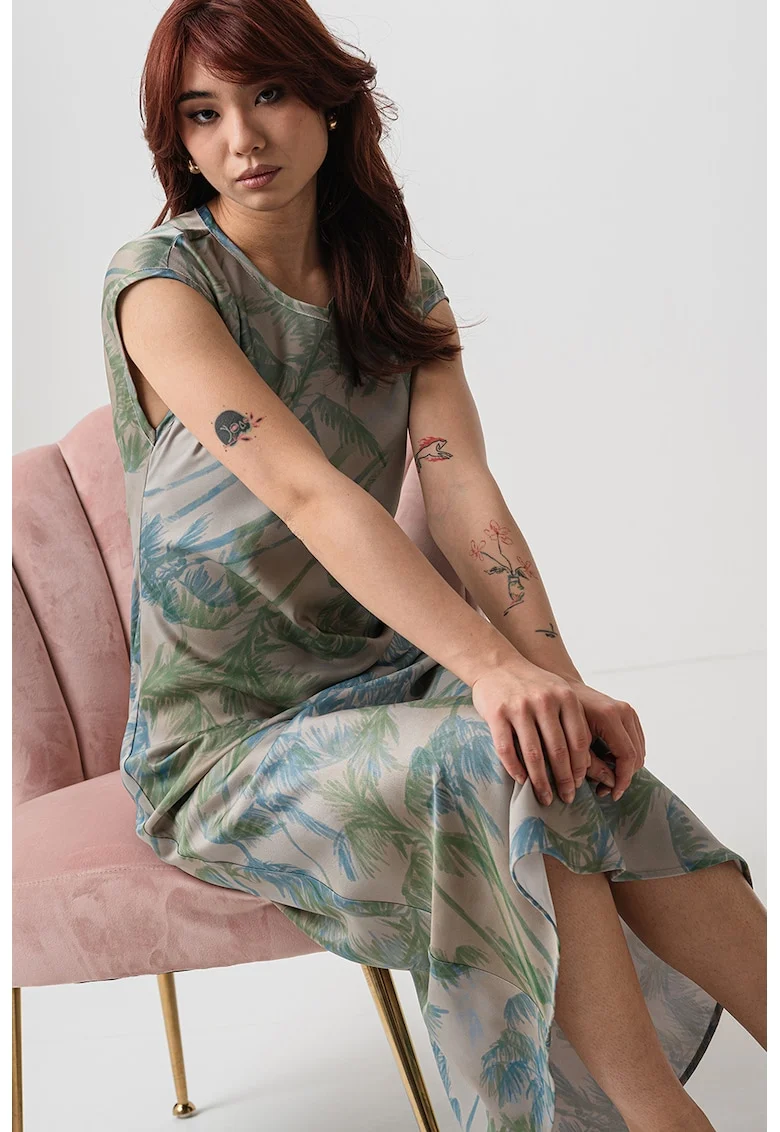 Rochie cu model si decolteu rotund, Albastru azur/Verde sparanghel