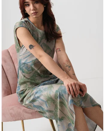 Rochie cu model si decolteu rotund, Albastru azur/Verde sparanghel