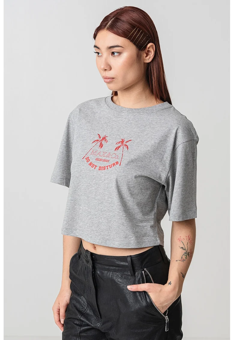 Tricou crop cu imprimeu text Babele, Gri deschis