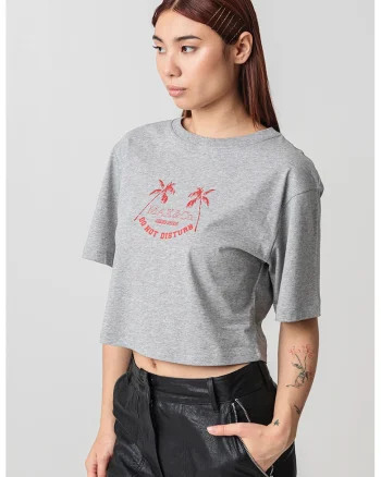 Tricou crop cu imprimeu text Babele, Gri deschis