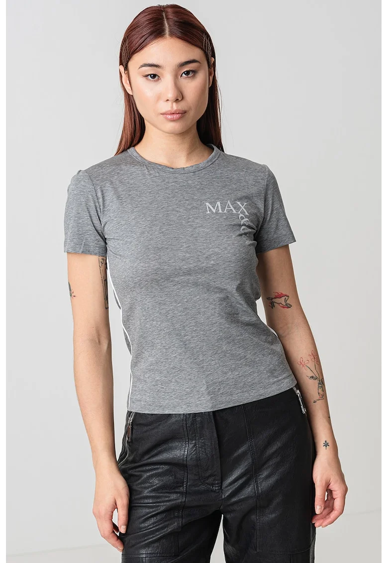 Tricou cu decolteu rotund si imprimeu logo, Gri