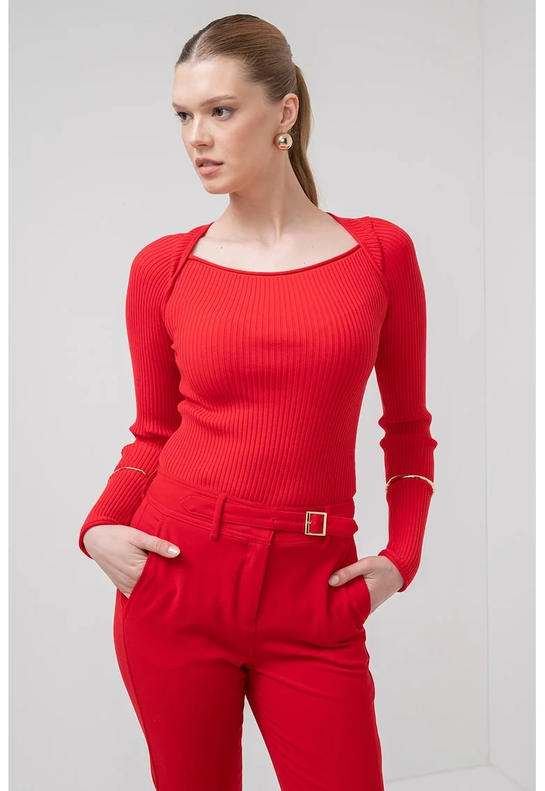 Pulover slim fit cu striatii si decolteu rotund Debutto, Rosu vermillion