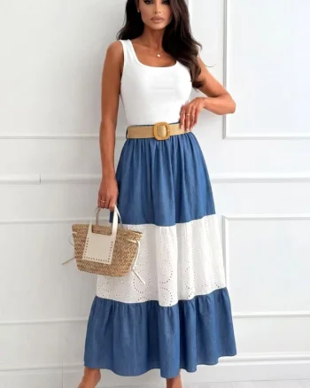 Fusta lunga in clos YNNA, cu broderie englezeasca si curea, BLUE, Marime S/M/L