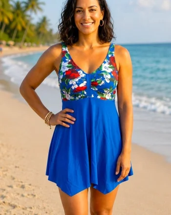 Rochie asimetrica de plaja ELARIS, cu bretele reglabile, Marimi Mari - Batal, Floral Blue