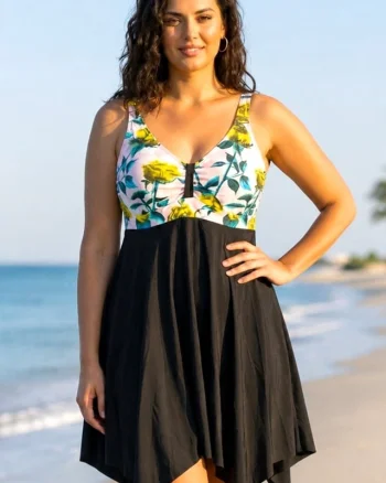 Rochie asimetrica de plaja ELARIS, cu bretele reglabile, Marimi Mari - Batal, Yellow Roses