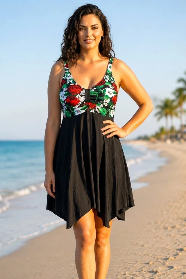 Rochie asimetrica de plaja ELARIS, cu bretele reglabile, Marimi Mari - Batal, RED Roses