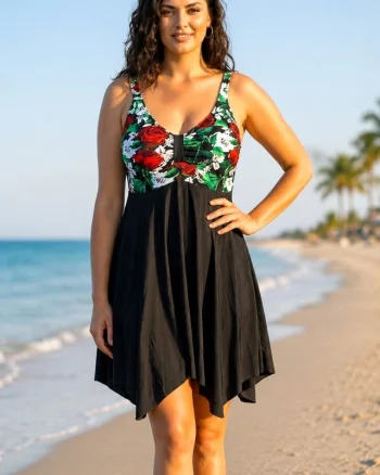 Rochie asimetrica de plaja ELARIS, cu bretele reglabile, Marimi Mari - Batal, RED Roses
