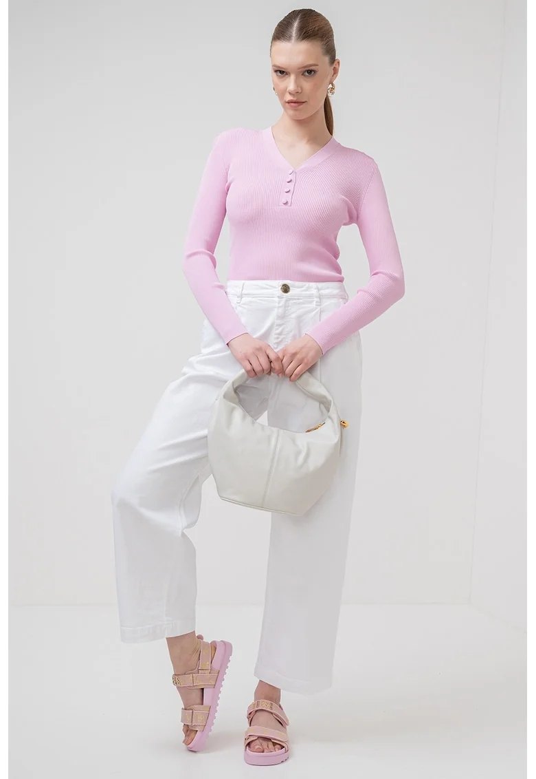 Pulover slim fit cu decolteu in V si aspect striat Imola, Lila