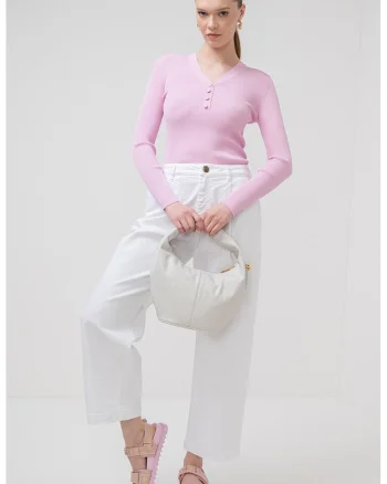 Pulover slim fit cu decolteu in V si aspect striat Imola, Lila