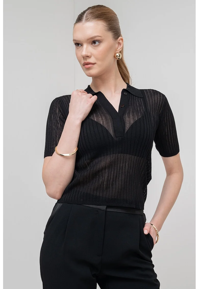 Tricou polo semitransparent cu model striat Torbole, Negru