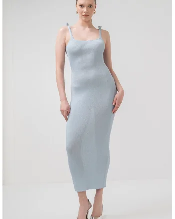 Rochie maxi cambrata cu aspect striat Porto, Albastru pastel