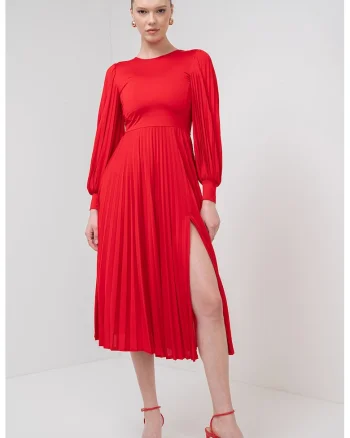Rochie cu pliuri si maneci lungi Redy, Rosu