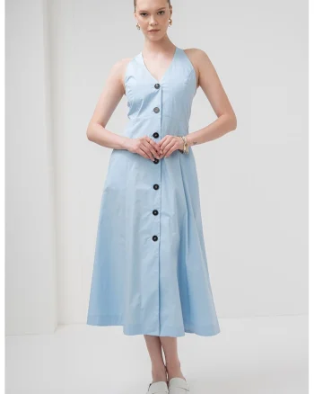 Rochie evazata cu decolteu in V Pioppo, Albastru pastel
