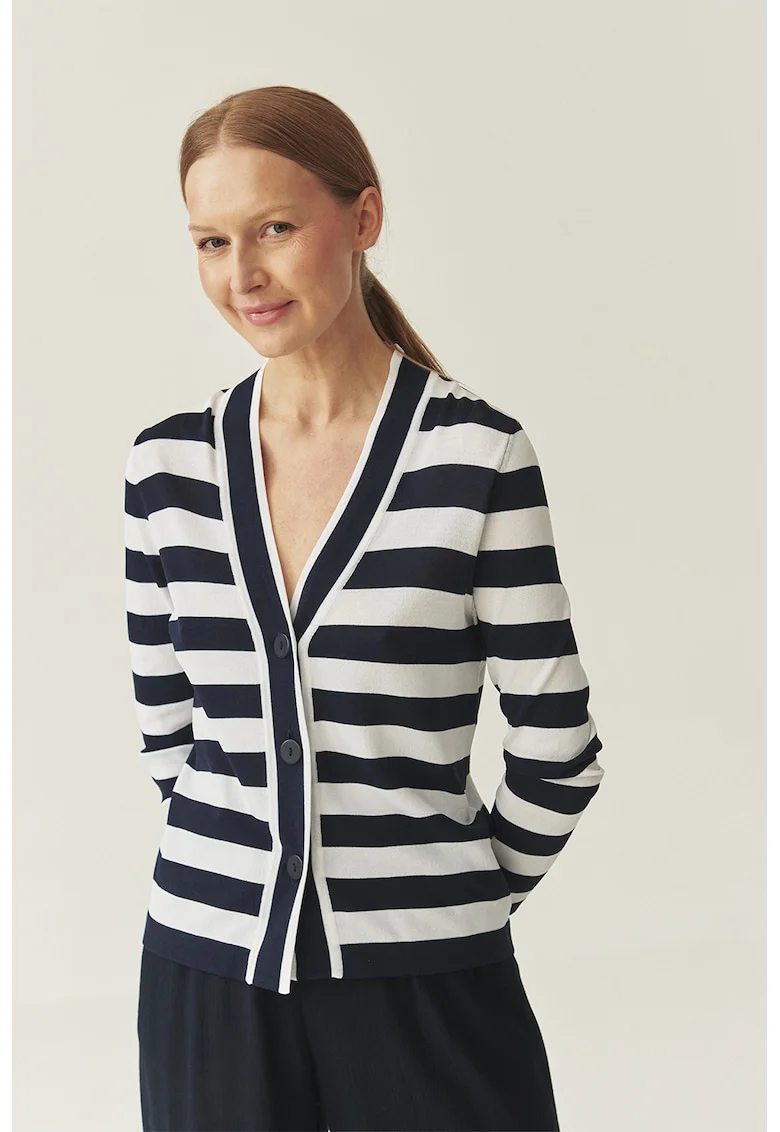 Cardigan cu dungi si decolteu in V, Negru/Alb optic