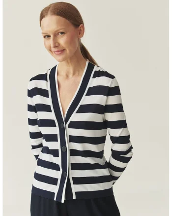 Cardigan cu dungi si decolteu in V, Negru/Alb optic