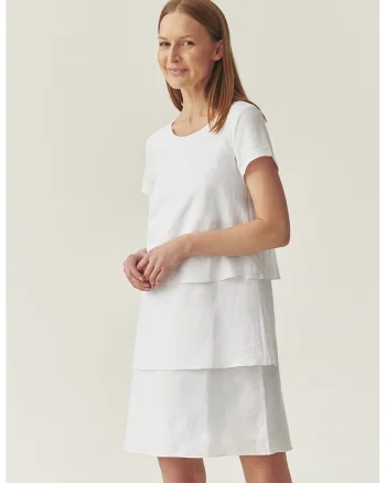 Rochie scurta din amestec de in cu model stratificat, Alb optic