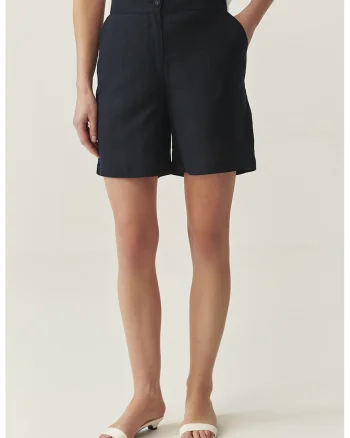 Pantaloni scurti din in si lyocell cu buzunare laterale, Negru