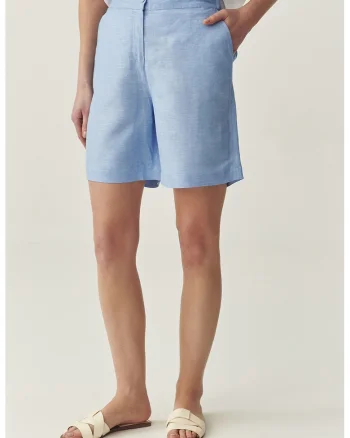 Pantaloni scurti din amestec de in cu model uni, Albastru pastel
