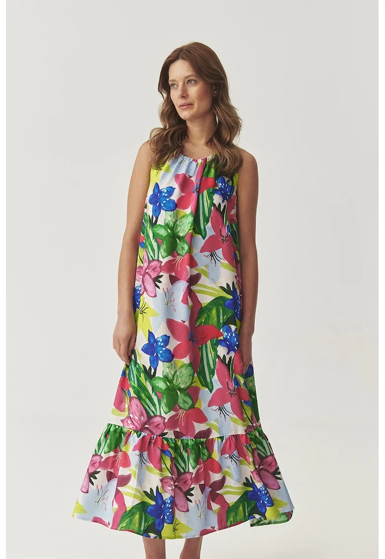 Rochie cu pliuri si model floral, fara maneci, Verde/Fucsia/Albastru royal