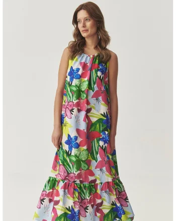 Rochie cu pliuri si model floral, fara maneci, Verde/Fucsia/Albastru royal