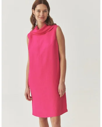Rochie din amestec de in cu croiala in A si decolteu drapat, Fucsia