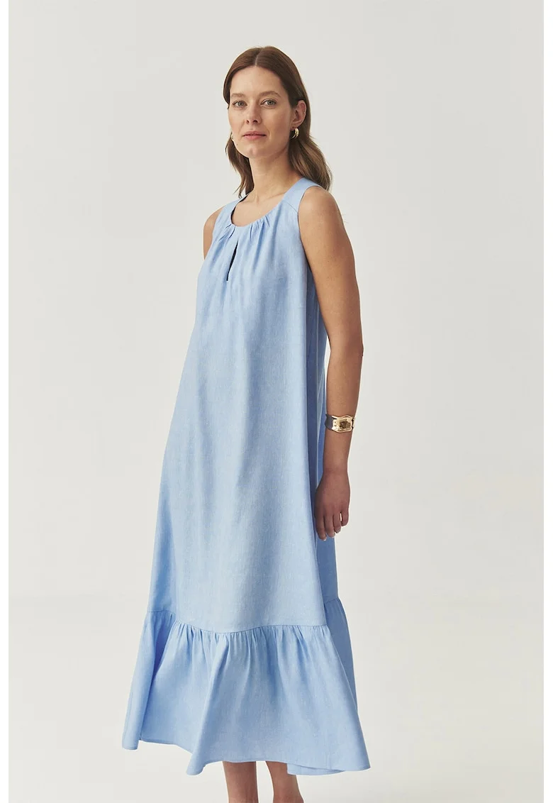 Rochie din amestec de in cu pliuri, fara maneci, Albastru pastel
