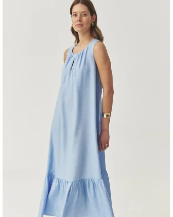 Rochie din amestec de in cu pliuri, fara maneci, Albastru pastel