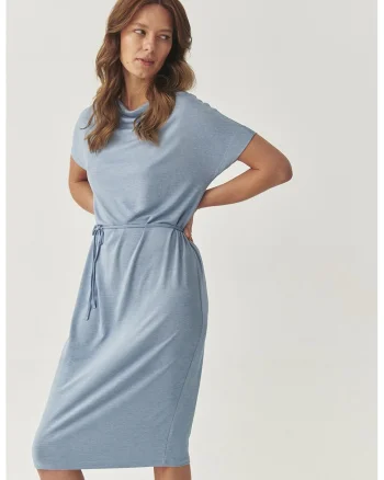 Rochie midi din amestec de modal si decolteu drapat, Albastru prafuit