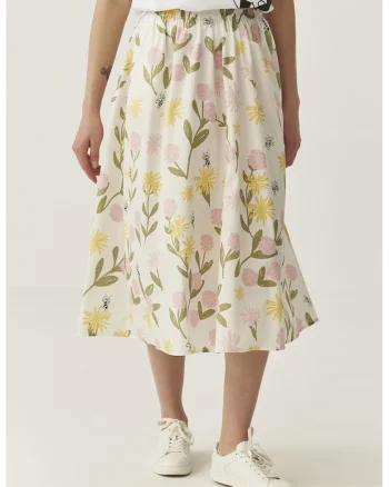 Fusta evazata cu model floral si talie elastica, Galben pal/Alb murdar/Verde feriga