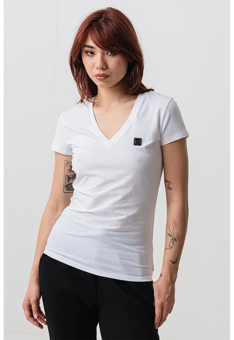 Tricou cambrat cu decolteu in V, Alb optic