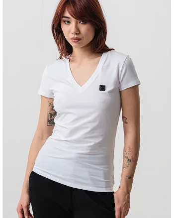 Tricou cambrat cu decolteu in V, Alb optic