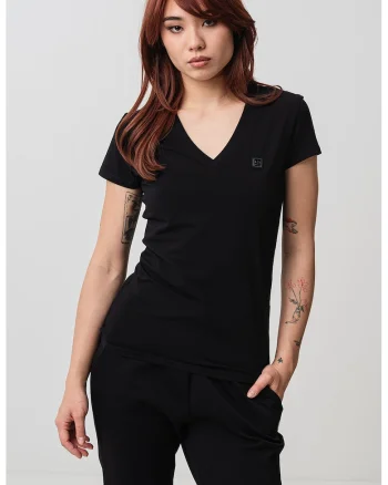 Tricou cambrat cu decolteu in V, Negru
