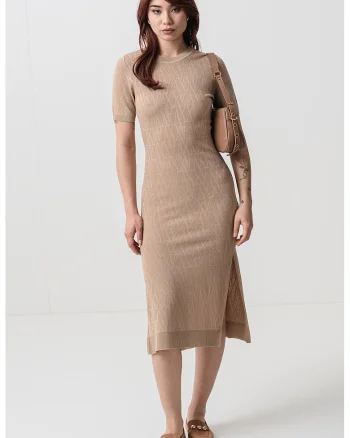 Rochie midi din tricot cu logo, Maro nisip