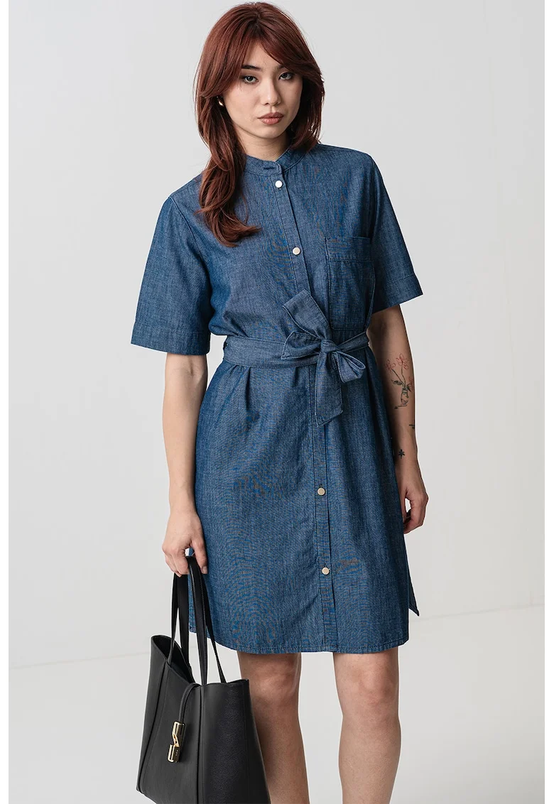 Rochie scurta din denim cu cordon in talie, Albastru pastel