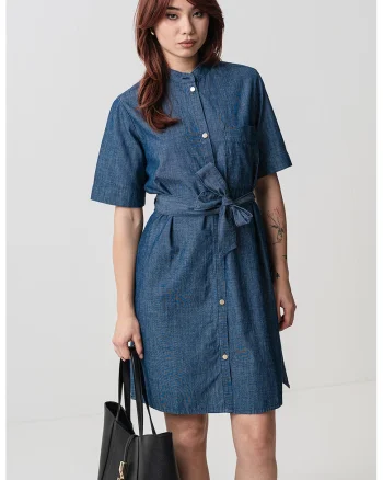 Rochie scurta din denim cu cordon in talie, Albastru pastel