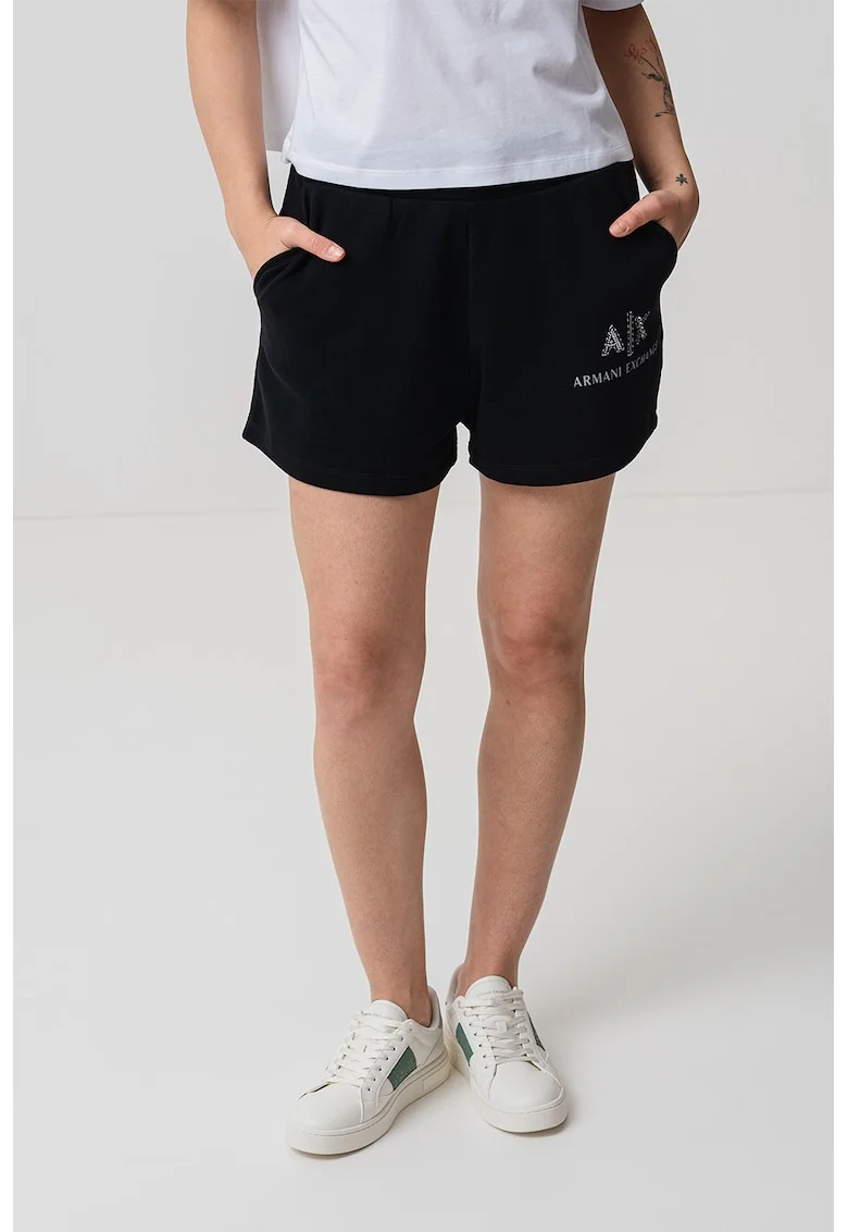 Pantaloni scurti din bumbac cu logo, Negru/Argintiu