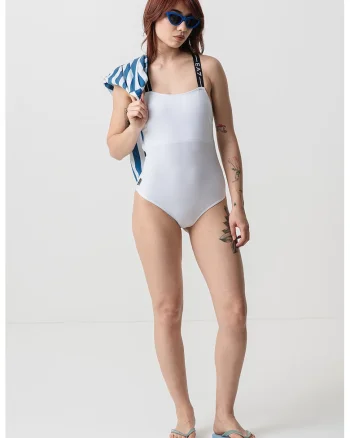 Costum de baie intreg cu bretele incrucisate, Alb optic/Bleumarin