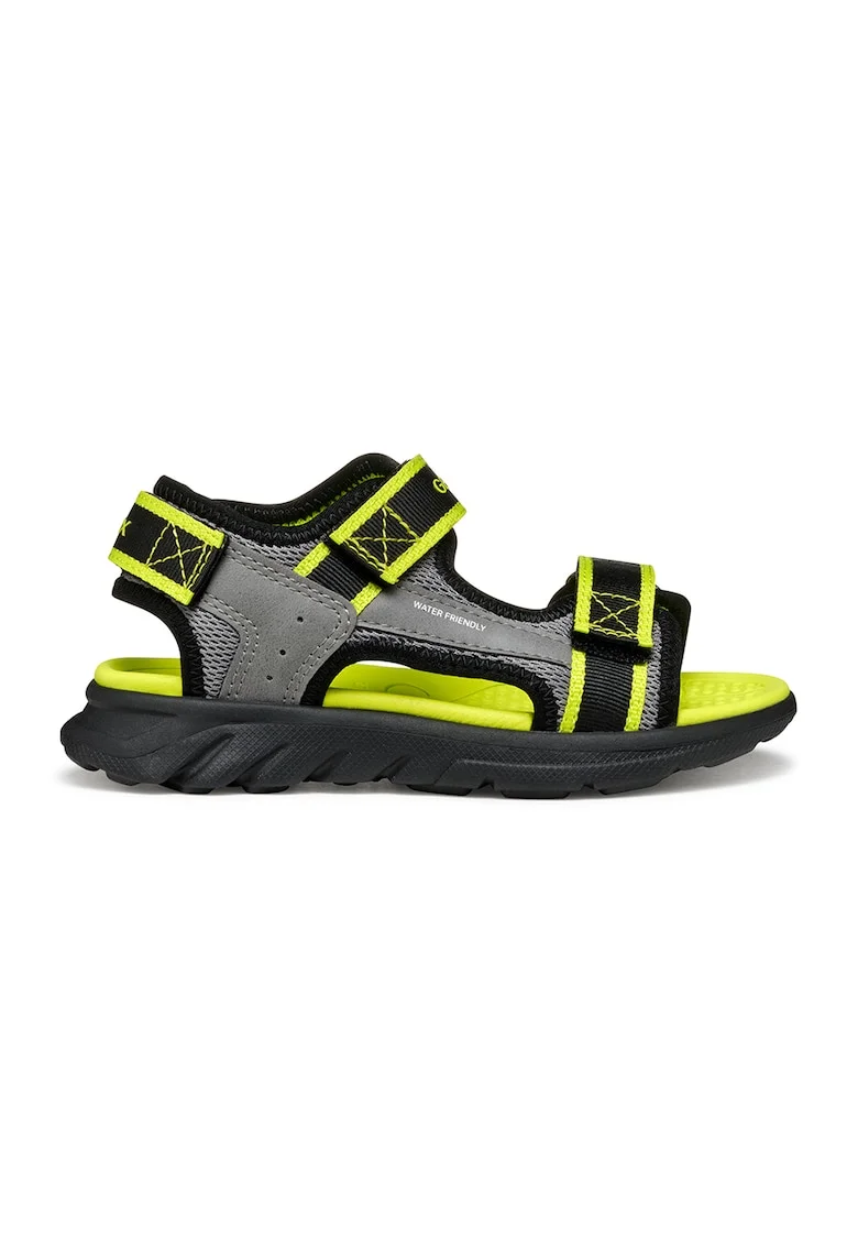 Sandale de piele ecologica si material textil cu velcro Airadyum, Gri/Verde lime