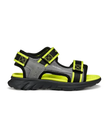 Sandale de piele ecologica si material textil cu velcro Airadyum, Gri/Verde lime