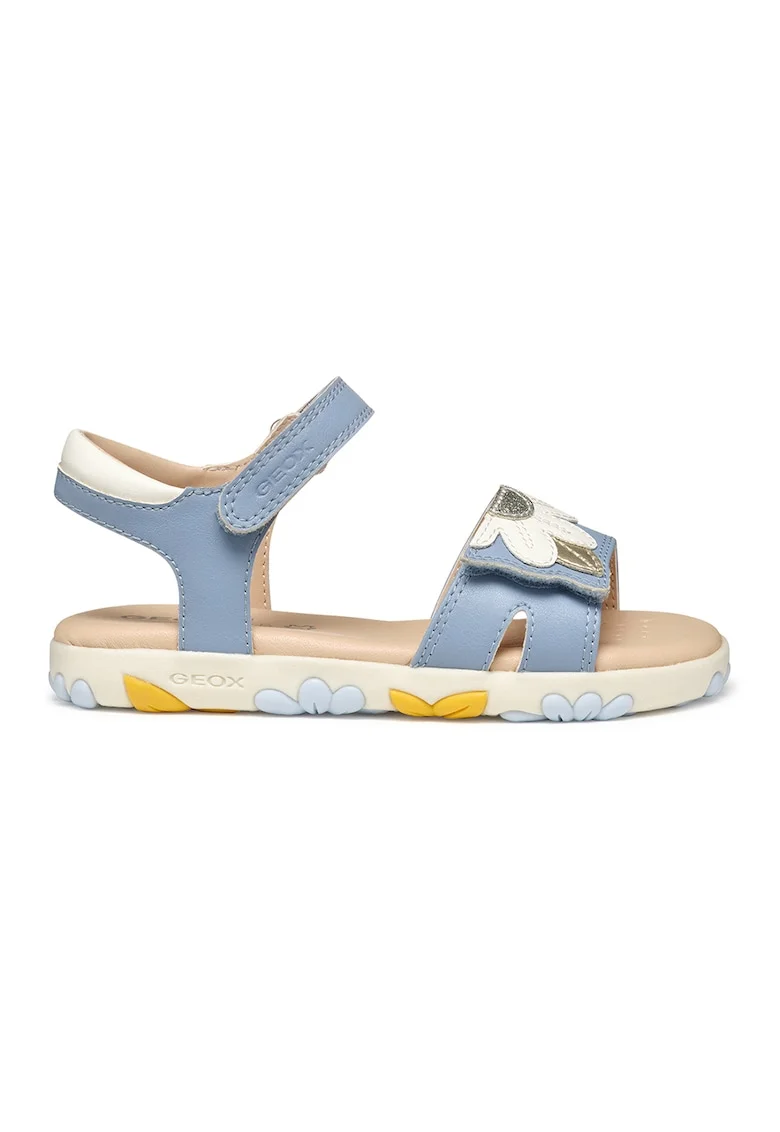 Sandale de piele ecologica cu imprimeu, Alb/Albastru pastel